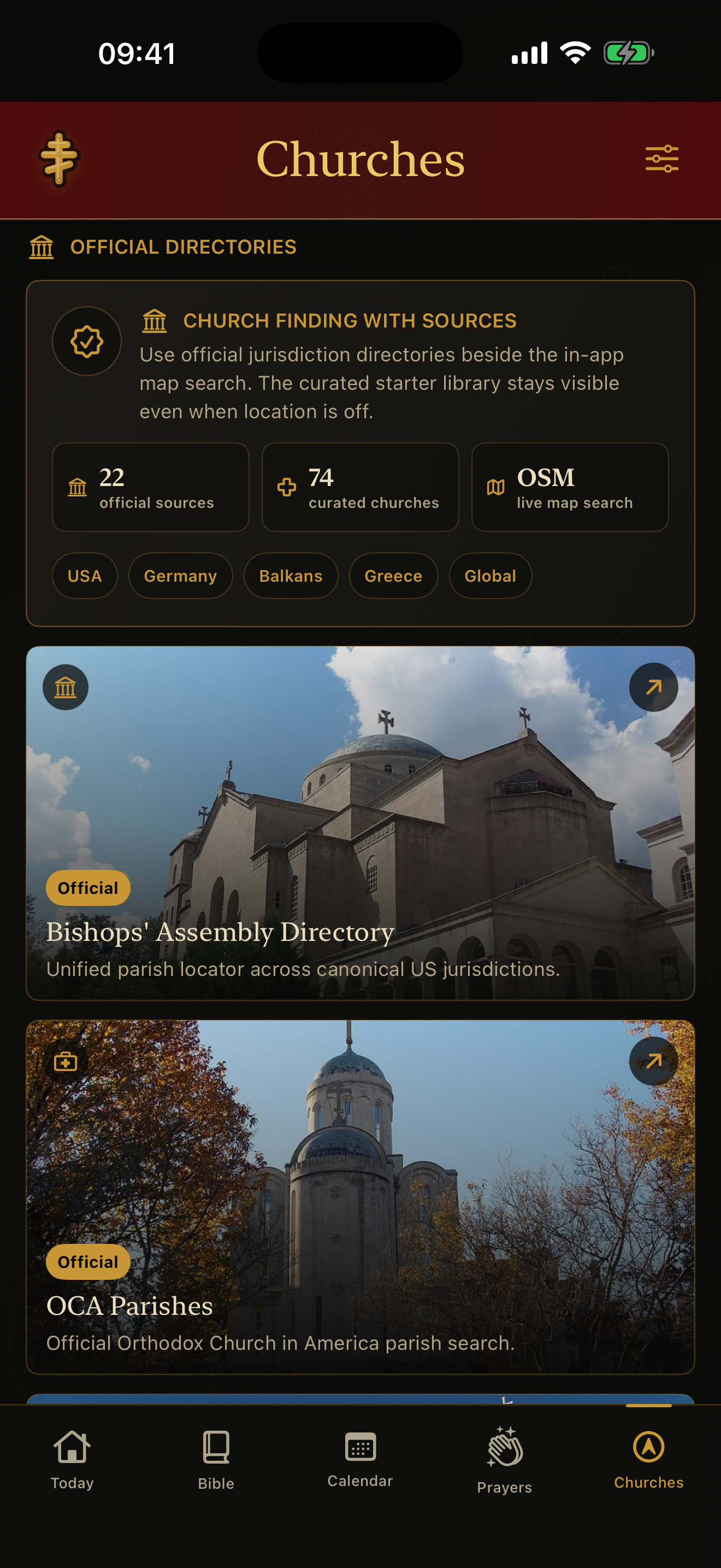 Church discovery screen in Orthodox Daily Prayer